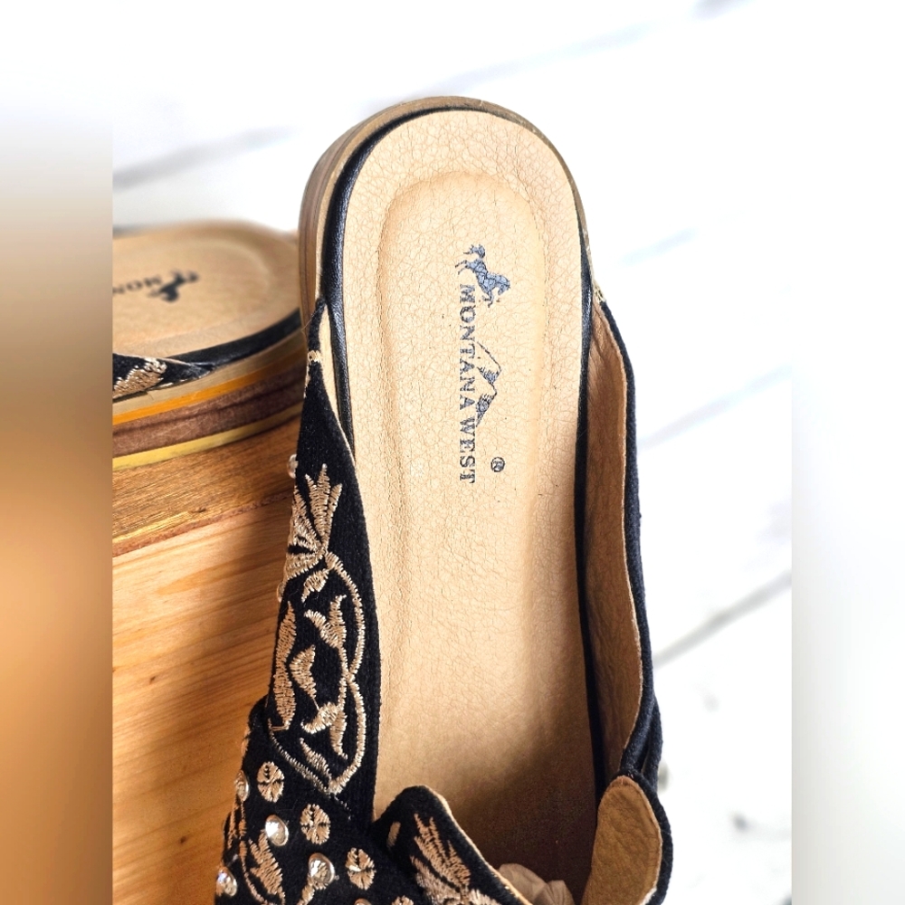 Montana West Black & Ivory Cream Embroidered Rhinestone Mules Flats Shoes - Picture 6 of 16